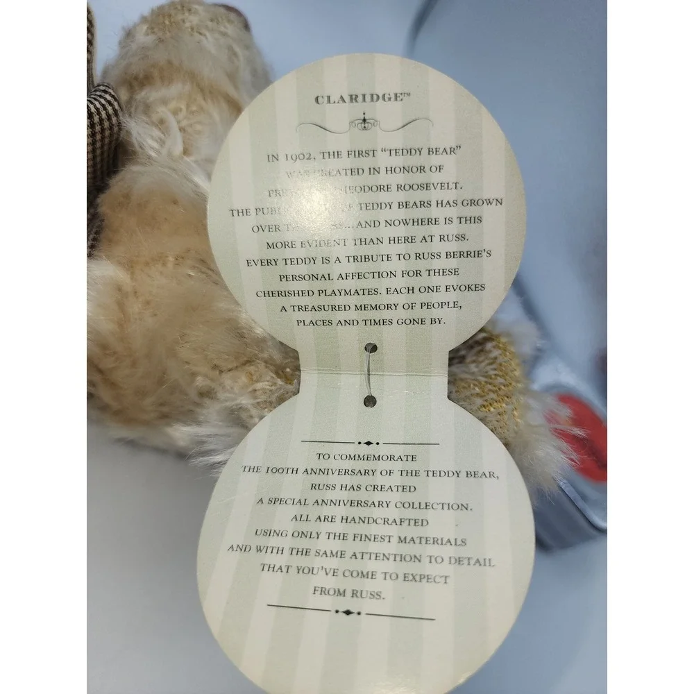 Russ Berrie Claridge Teddy Bear 100th Anniversary Collection Plush Cream Bow